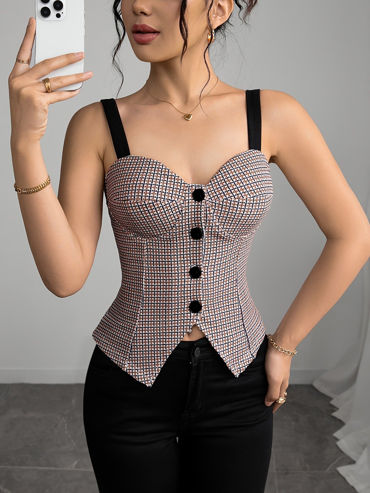 Court Retro Plaid Sling Tube Top Exquisite Elegant Button French Slim Fit Vest Top