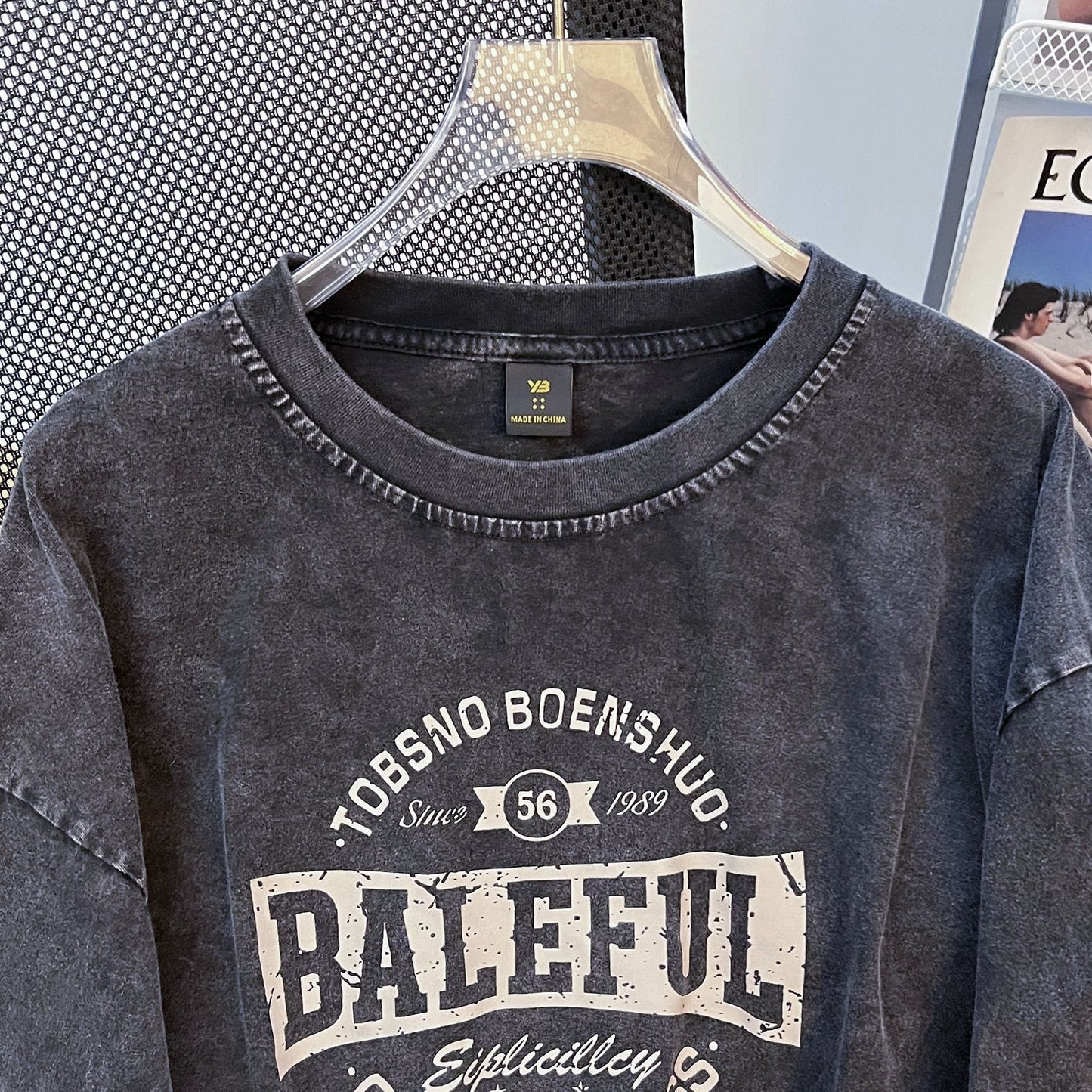 Washed Distressed Long T Shirt Women Washed Vintage Heavy Cotton O Neck Short Sweatshirt