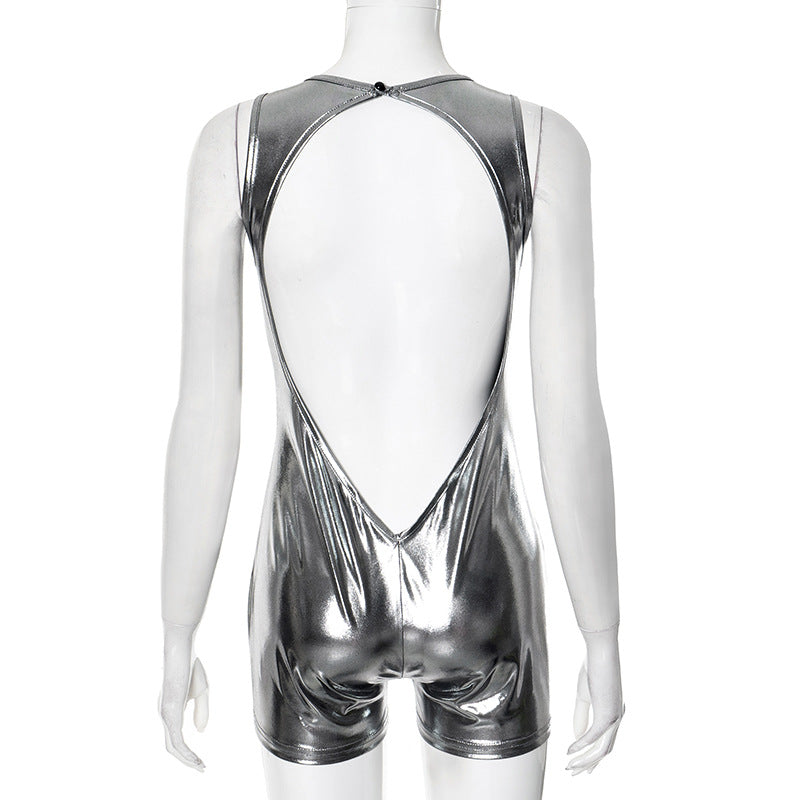 Women Spring Summer Pullover Bronzing Button Bare Back Silver Skinny Romper