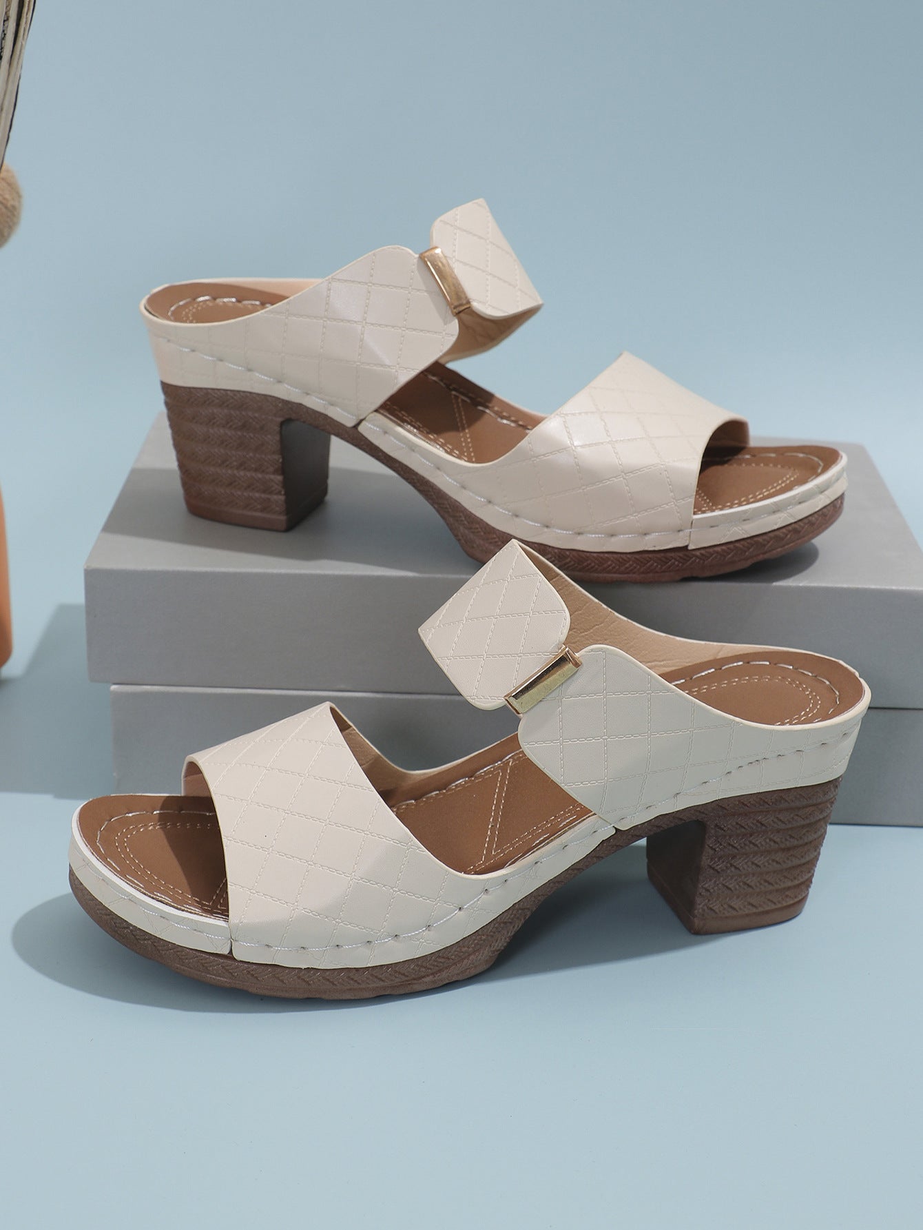 Open Toe High Heel Slippers Women Chunky Heel Embossed Sandals