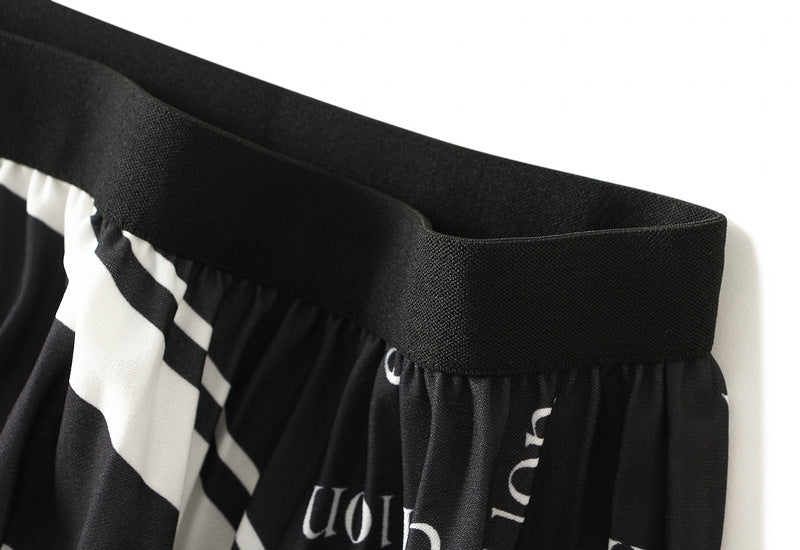 Pleated Letter Graphic Printed Skirt for Women Autumn Elastic Waist Mid Length Big Hem Umbrella Skirt