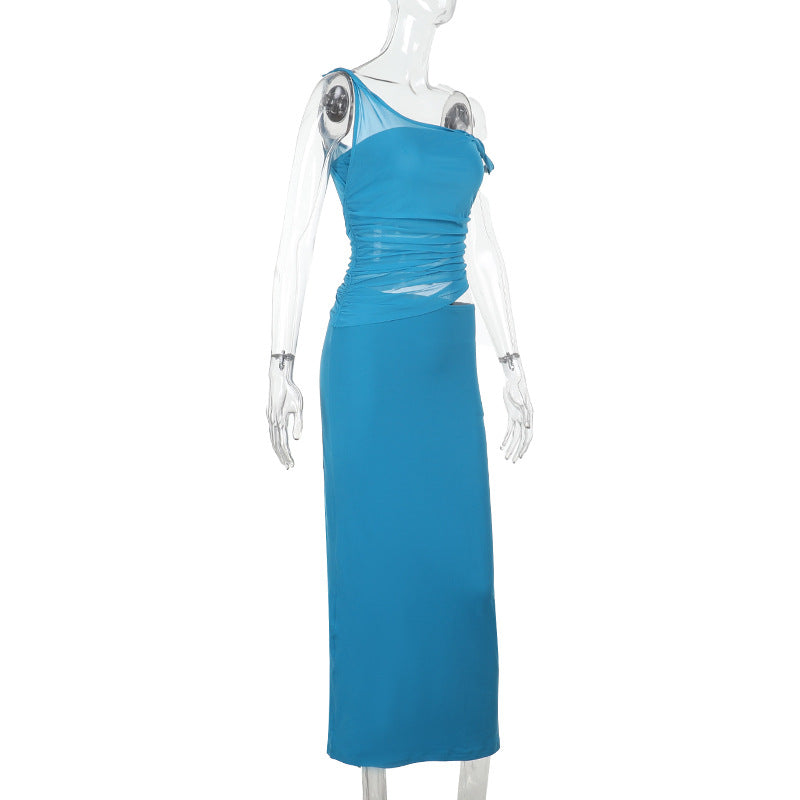 Crossbody Twisted Mesh Stitching Dress Summer Solid Color Women Clothing