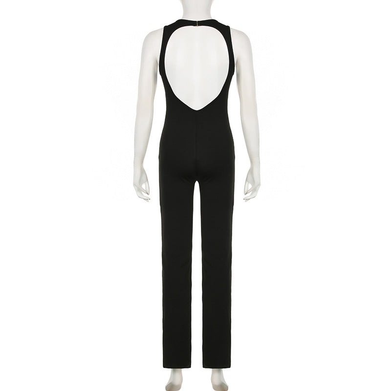 Women Clothing Solid Color Personalized Chest Hollow Out Cutout Backless Body Shaping Wide Leg Slightly Flared Jumpsuit Summer