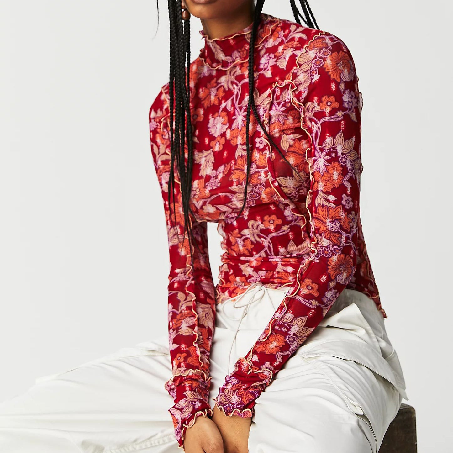 Long Sleeve Slim Fit Autumn Winter Plant Floral Floral Print Turtleneck Top Women Clothing