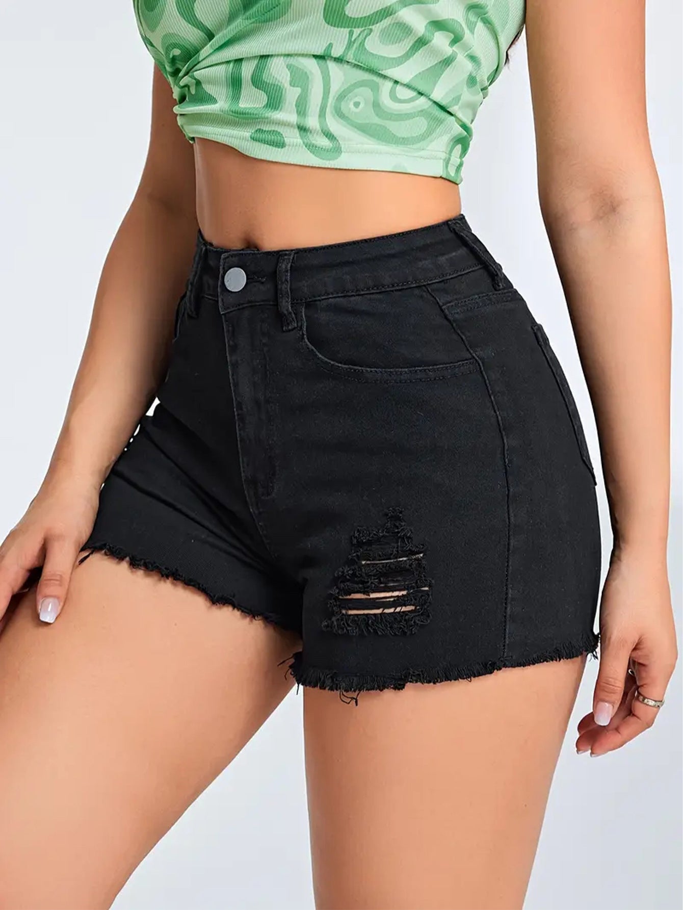Ripped Black Denim Casual Slim Fit Figure Flattering Multi Craft Design Women Denim Shorts Denim Shorts Shorts