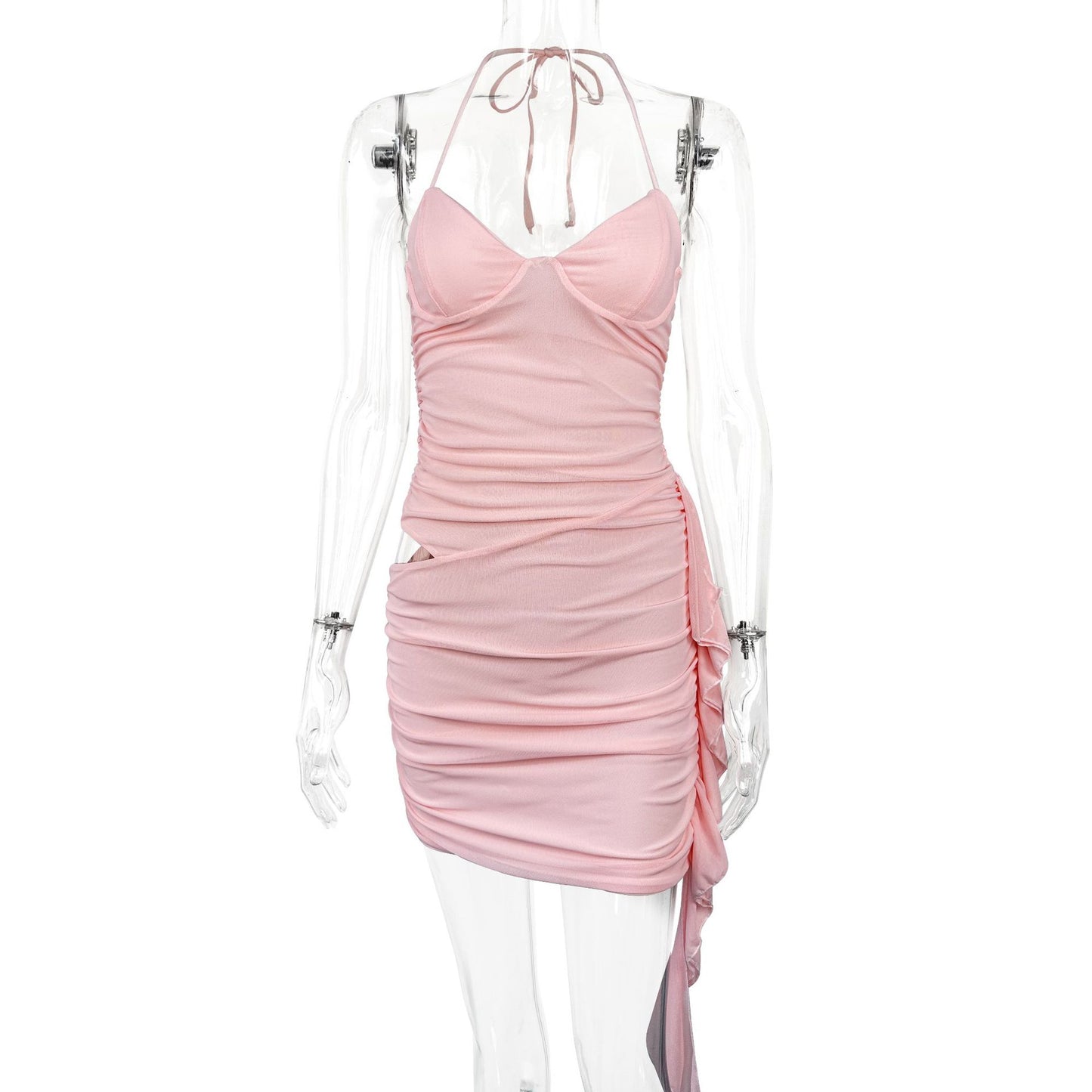 Summer Women Clothing Sexy Solid Color Tied Halter Mesh Women Short Dress