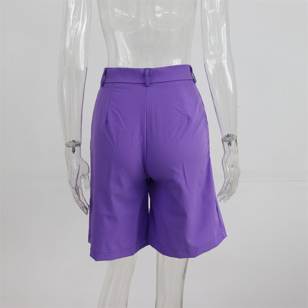 Summer Shorts Women Flanging Pocket Zipper Hidden Hook Solid Color Casual Pants Straight Blazer Shorts