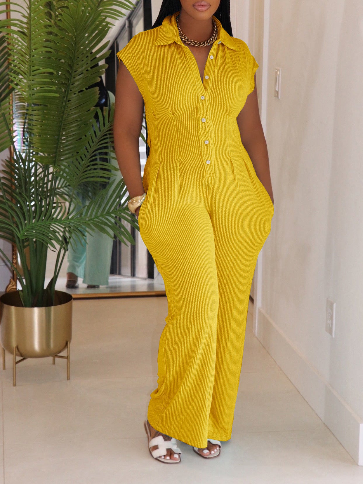 Women Clothing Jumpsuit Striped Collared Slim Shirt Collar Straight Leg Pants Sleeveless Summer