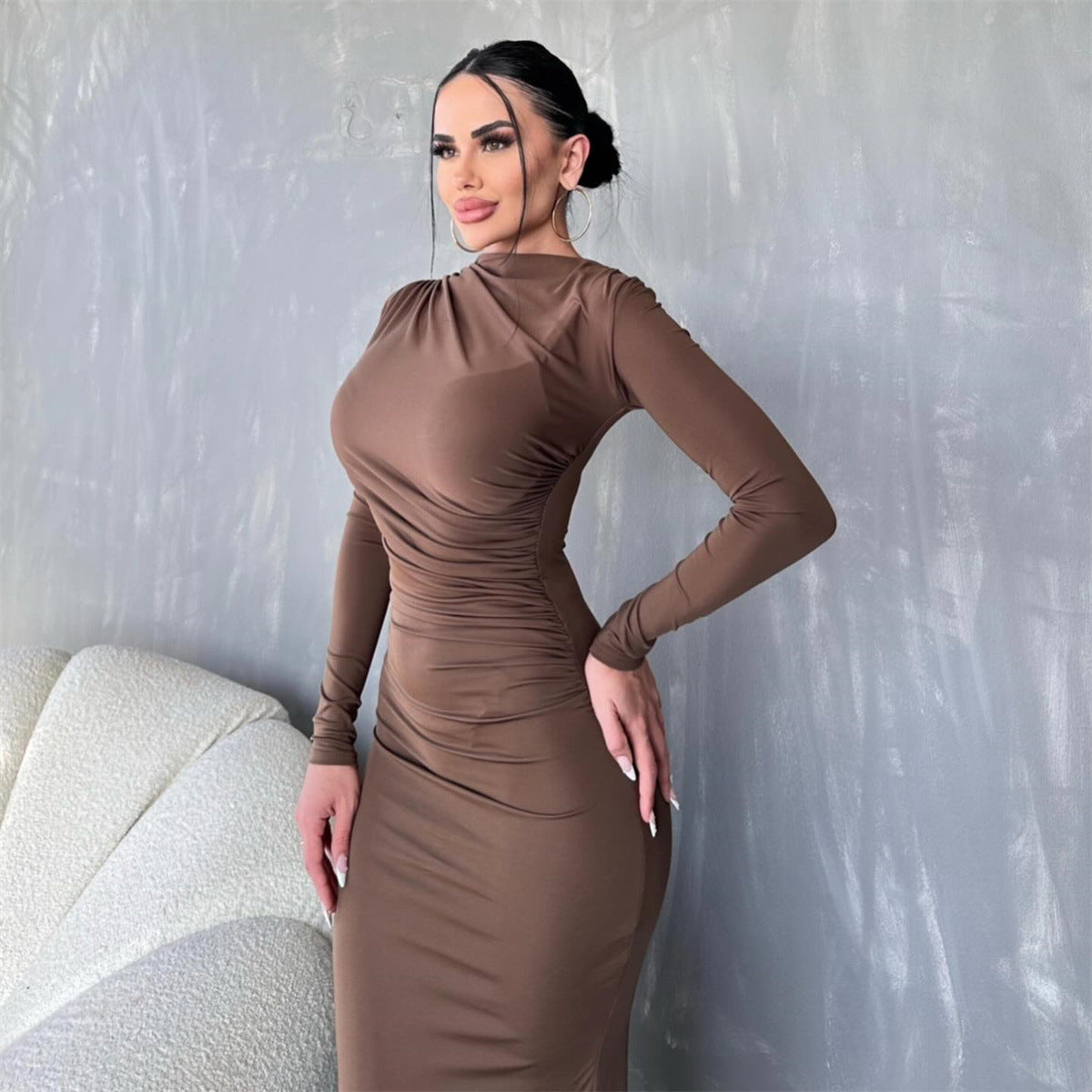 Autumn Winter Solid Color Round Neck Long Sleeve Sexy Dress Women Clothing Dress