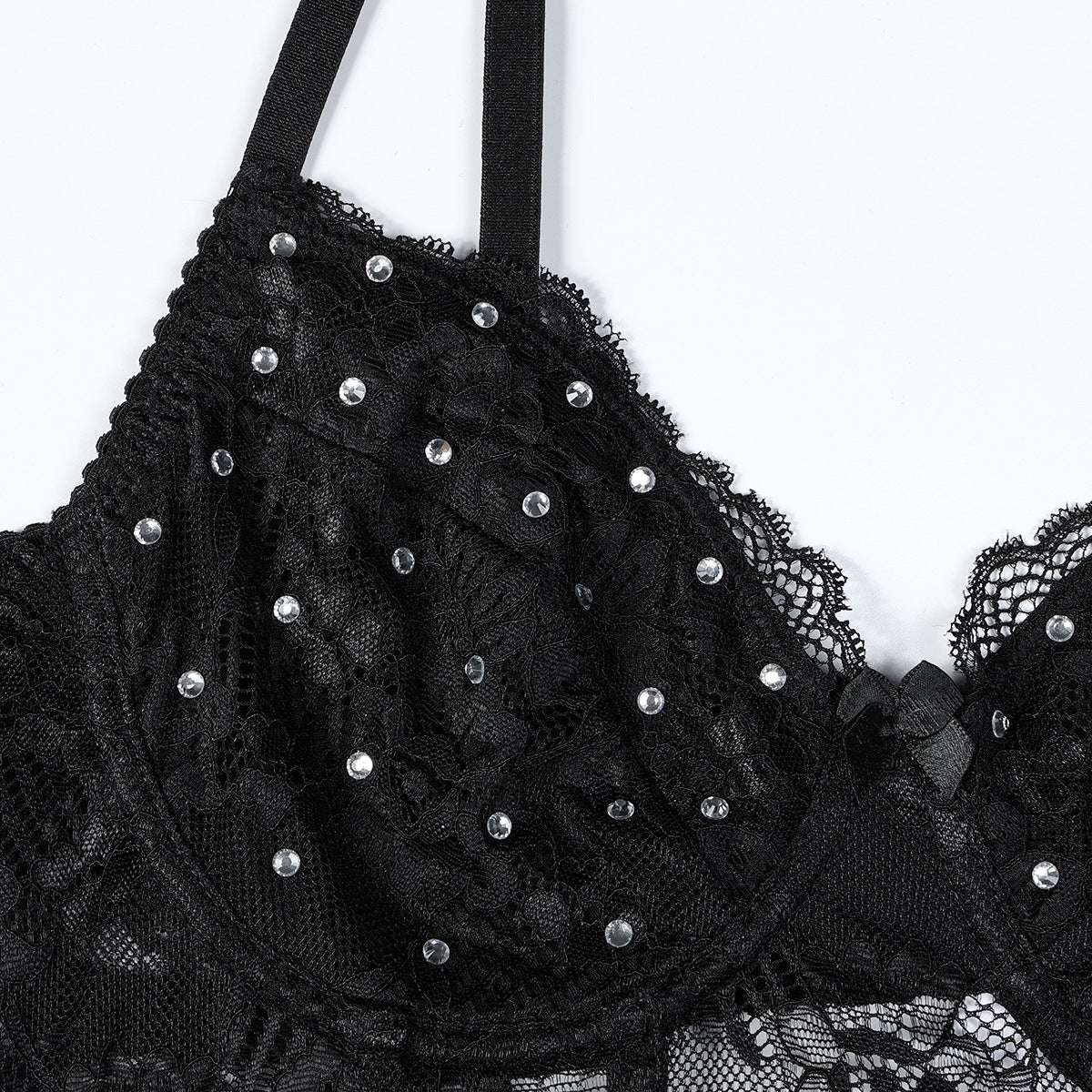 Black Heavy Embroidery Drilling Hand Wear Plastic Bones Shaping Body Shaping Double Layer Chest Cup Lace Jumpsuit Can Be Worn Alone