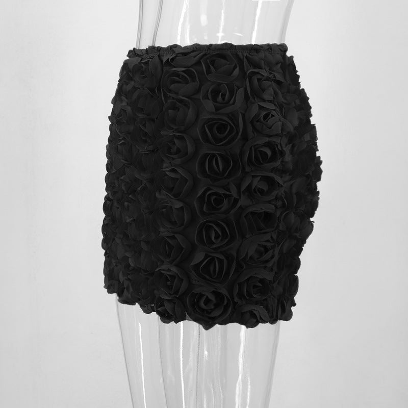 Women Clothing Nightclub Sexy Solid Color Three Dimensional Floral Ultra Short Skirt Straight Hair