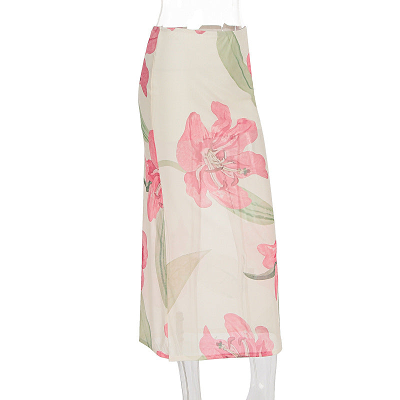 Summer Dopamine Beach Vacation Sexy Printed Mesh Sheath Skirt