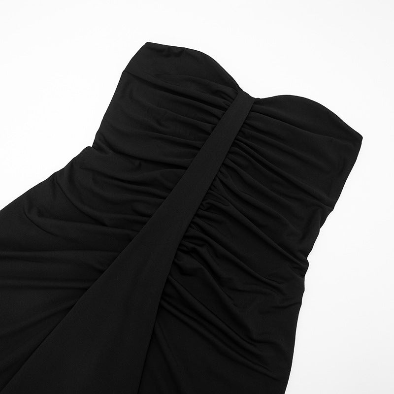 Women Clothing Autumn Arrival Solid Color Slim Fit Sweetheart Pleated Wrap Sleeveless Sleeve Length Dress