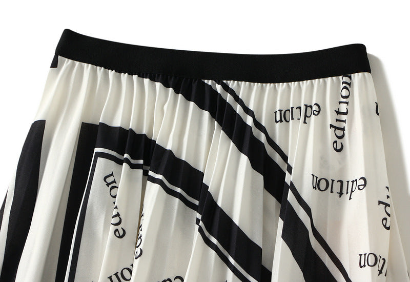 Pleated Letter Graphic Printed Skirt for Women Autumn Elastic Waist Mid Length Big Hem Umbrella Skirt