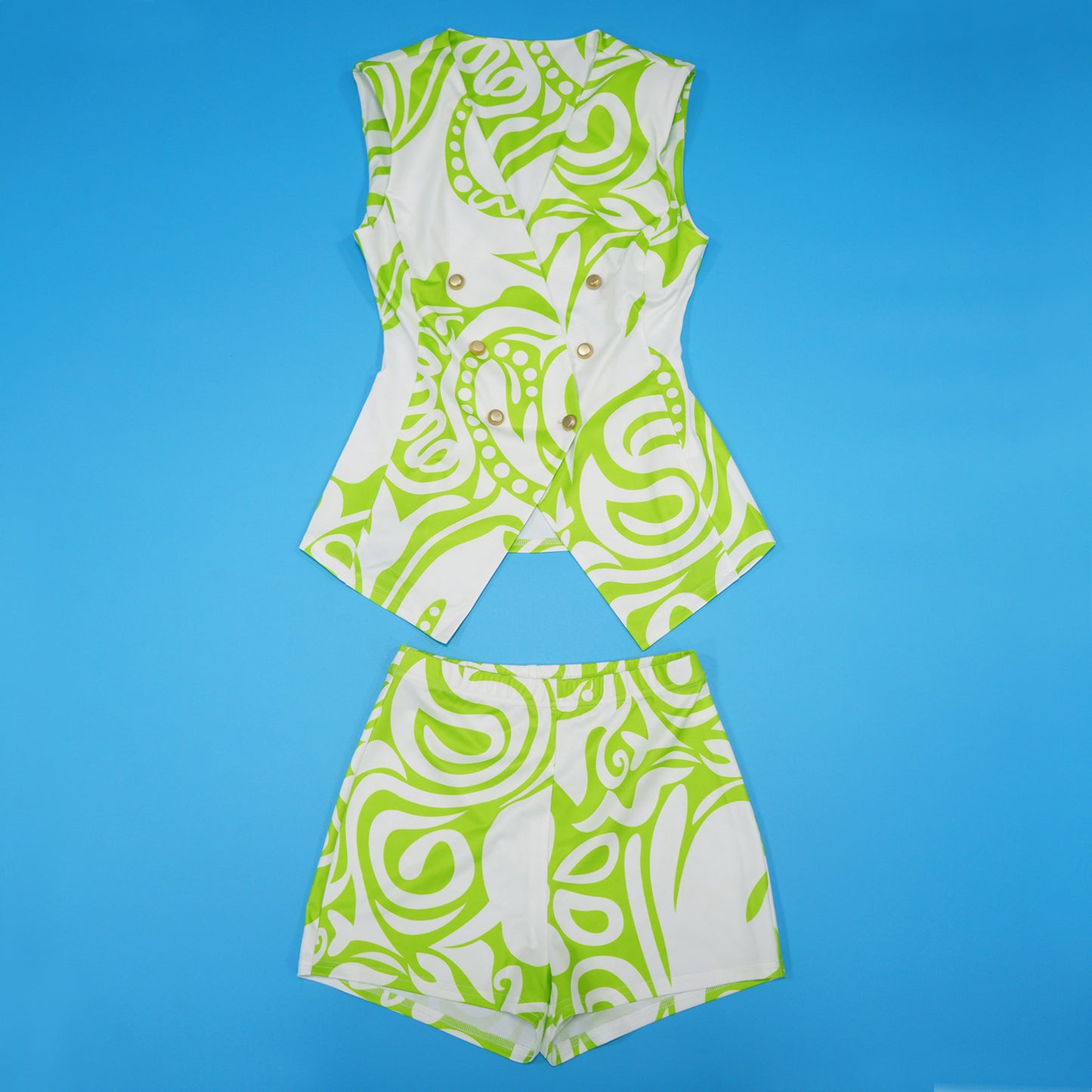 Women Printed V neck Sleeveless Short Casual Two Piece Sets