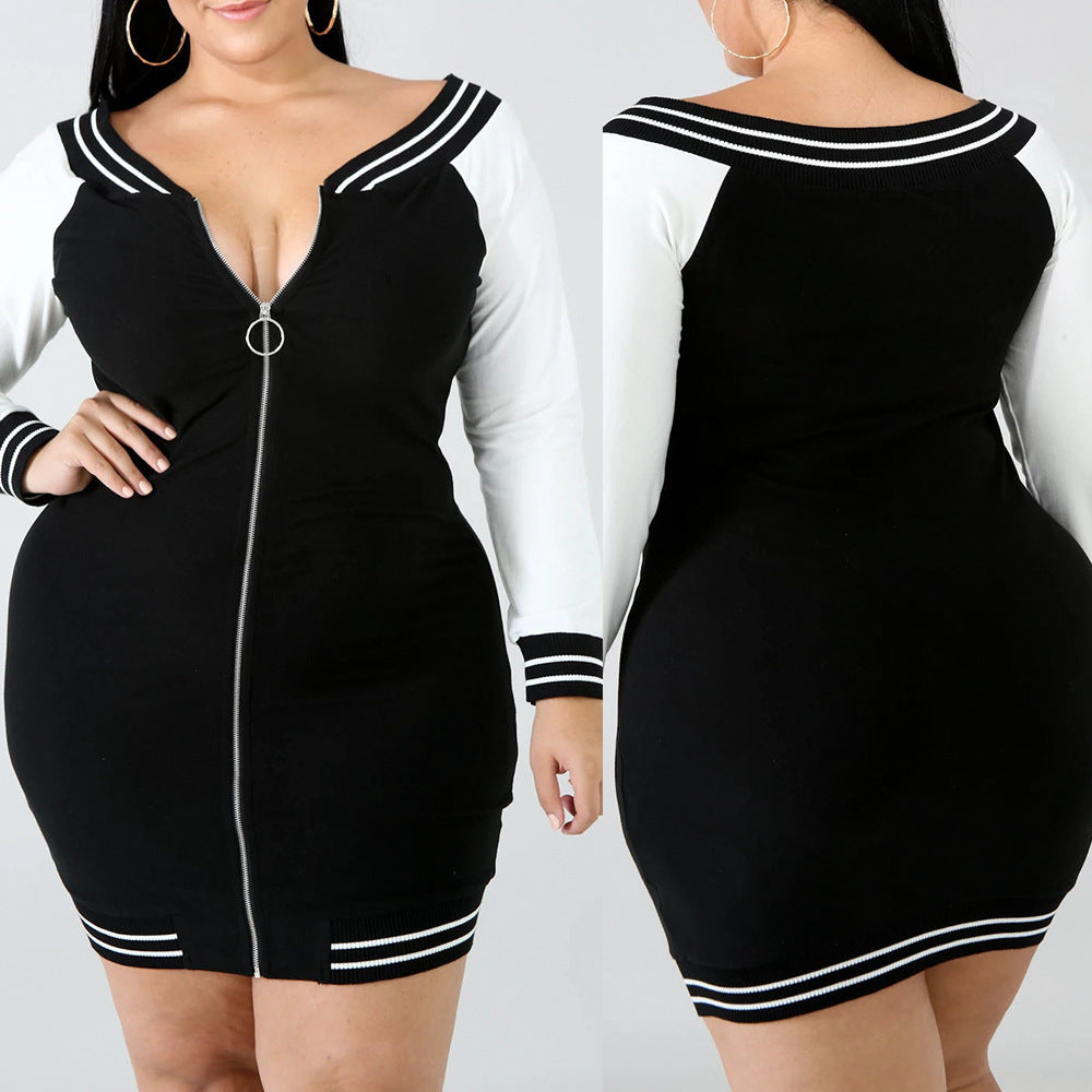 Plus Size Autumn Women Long Sleeve Color Zipper Dress Mid-Length