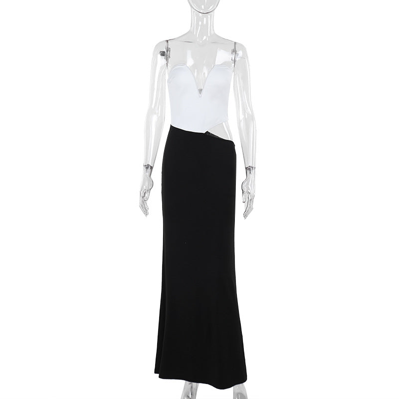Autumn Socialite Elegant Sexy Slim Fit Contrast Colors Stitching Waist Formal Dress Women