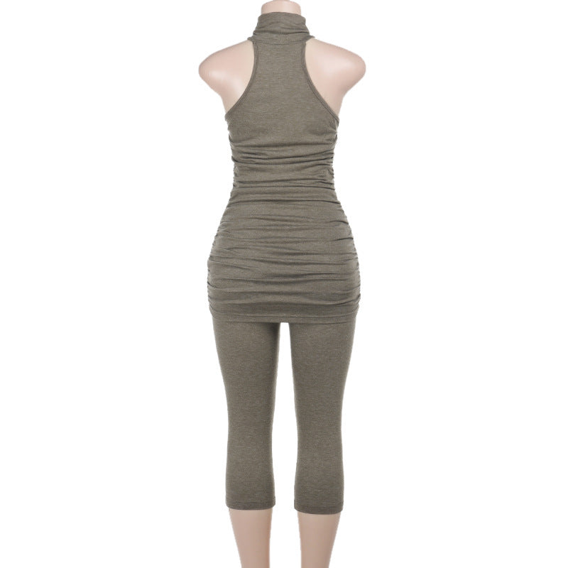 Women Sexy Turtleneck Sleeveless Vest Top High Waist Tight Cropped Pants Set