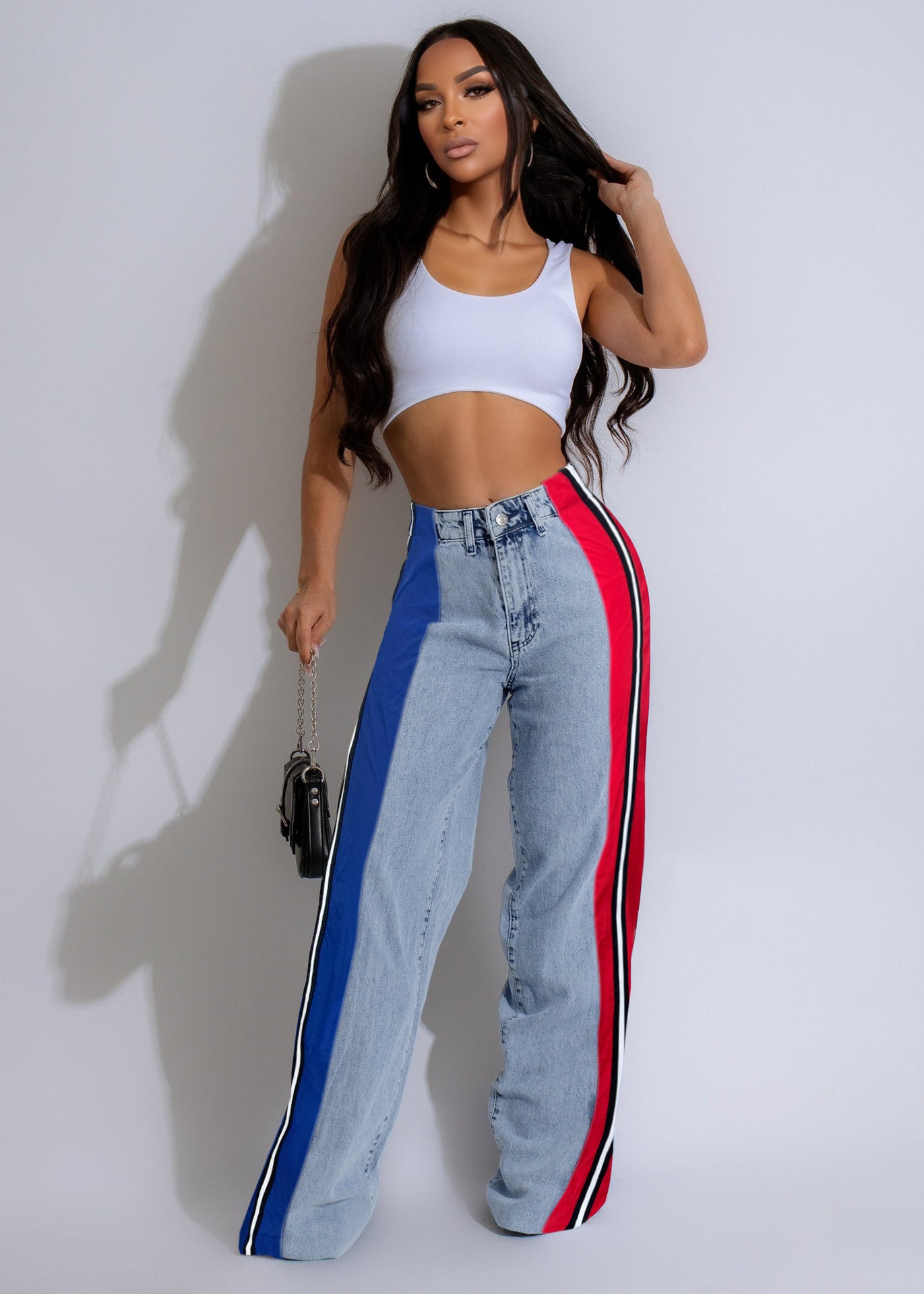 Women Clothing Patchwork Stripes Contrast Color Denim Trousers Casual Waist Stretchy Straight Leg Pants