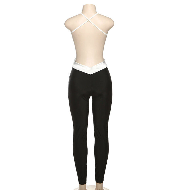 Summer Women Clothes Sexy Backless Contrast Color High Waist Tight Slimming One Piece Trousers