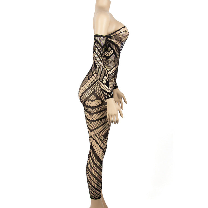 Summer Sexy Temptation Sheer Mesh Long Sleeve Sheath Jumpsuit