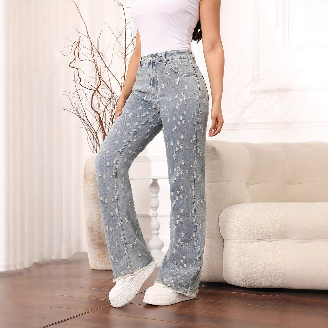 Personalized Worn Design Jeans Women Medium High Waist Elastic Waist Ripped Retro Baggy Straight Trousers
