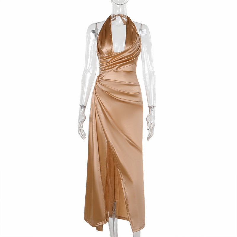 Autumn Maxi Dress Socialite Elegant Sexy Slim Fit Pleated Deep V Plunge Satin Dress
