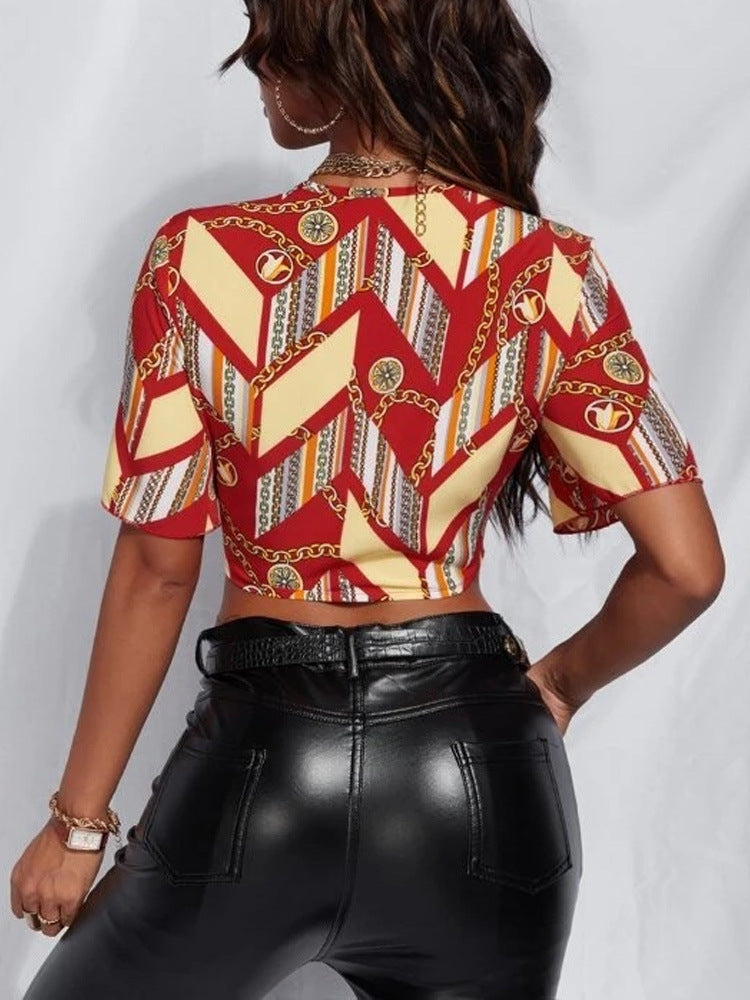Women Clothing Shirt Bow Lace-up Sexy Shirt Summer Short Sleeve Printed Top