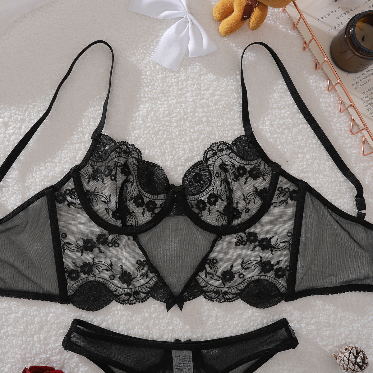 Breathable Floral Lace Bow Accessories Hollow Out Cutout Shaping Pure Sexy Underwear Split Set