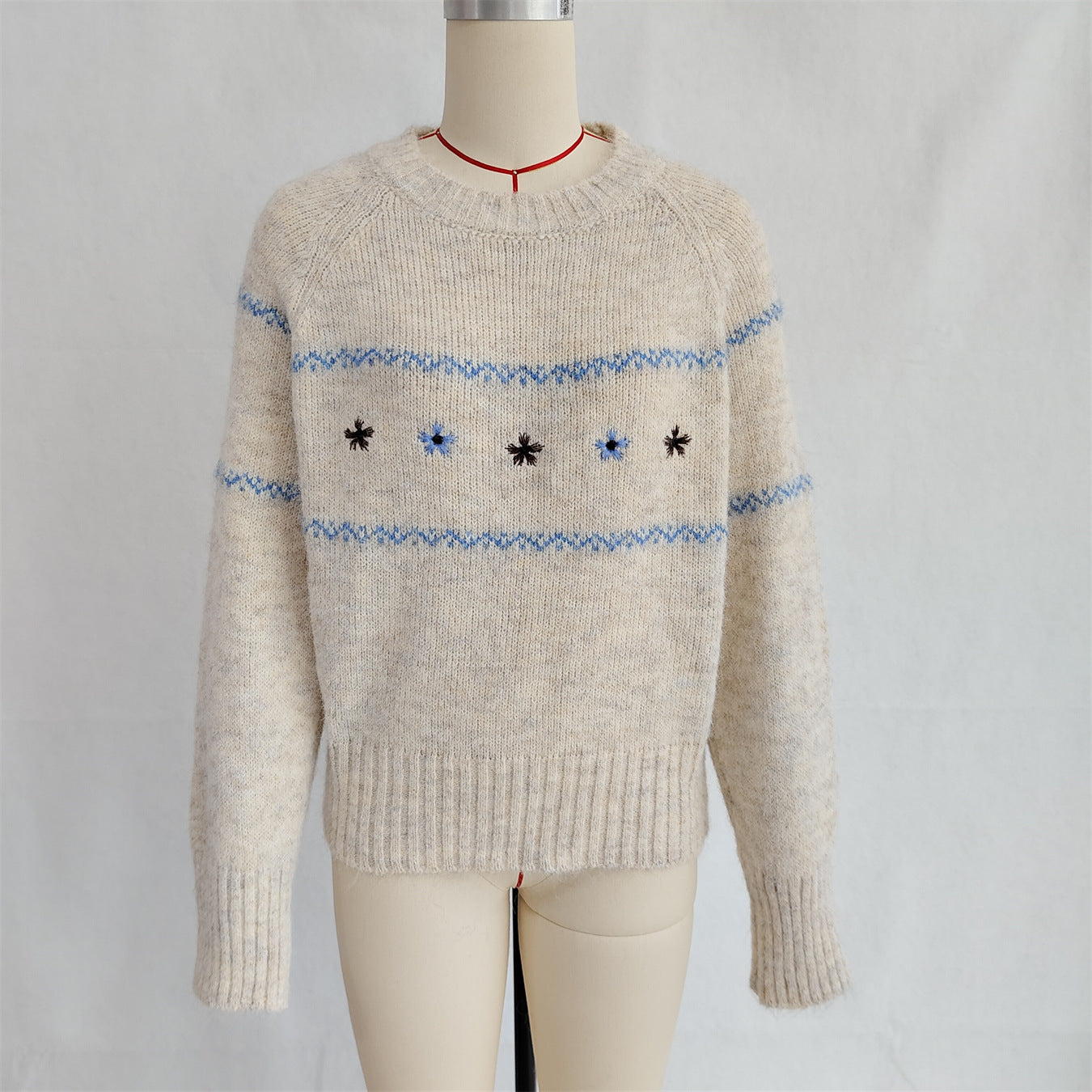 Autumn Winter Clear Cute Floral Embroidery Contrast Color Knitted Pullover Casual Loose Sweater