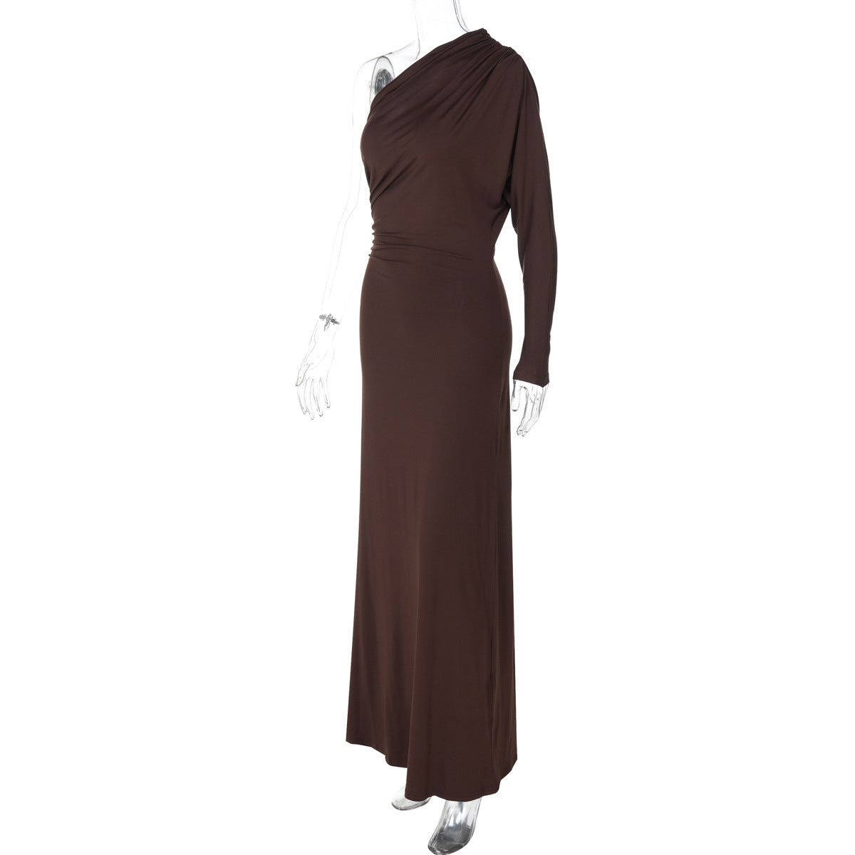 Women Clothing Autumn Fashionable Irregular Asymmetric off Shoulder Single Sleeve Pleated Maxi Dress