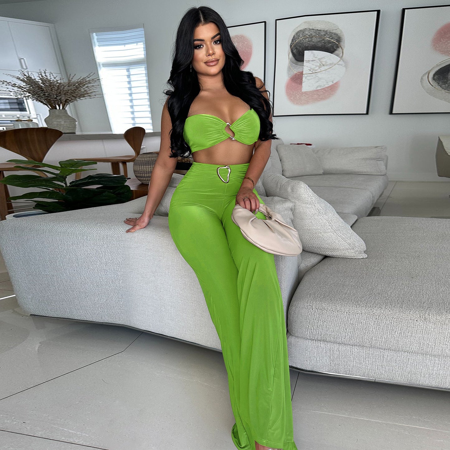 Women Clothing Summer Decorative Buckle Solid Color Sexy Halter Two Piece Set