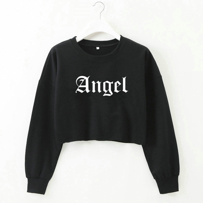 Women Clothing Autumn Winter Angel Letter Graphic Printed Short Long Sleeved Sweatshirt for Women
