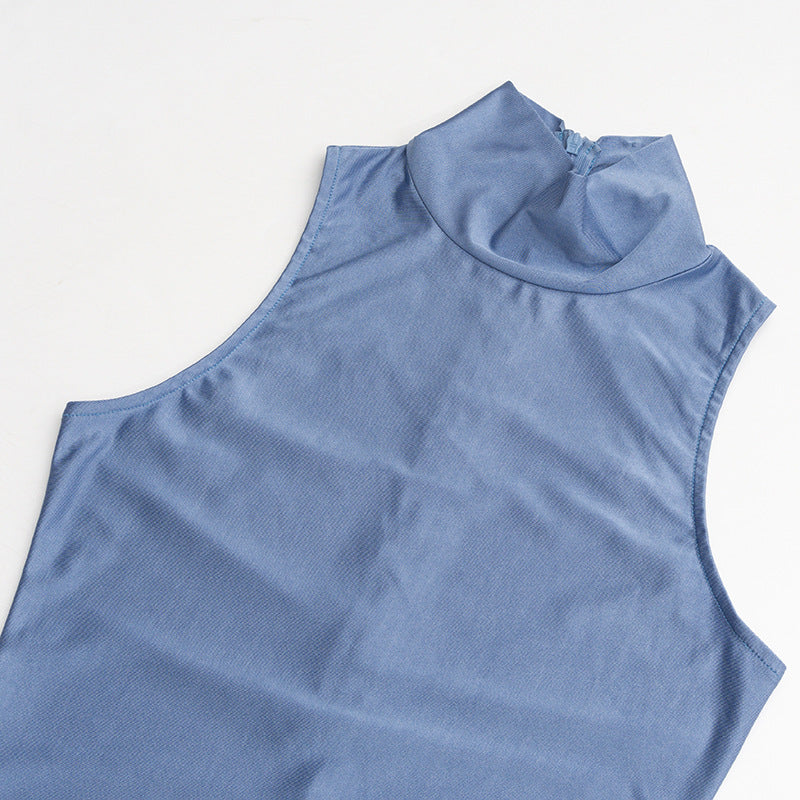 Spring Summer High Neck Sleeveless Tight Waist Pleating Twisted Sheath Long Fishtail Dress