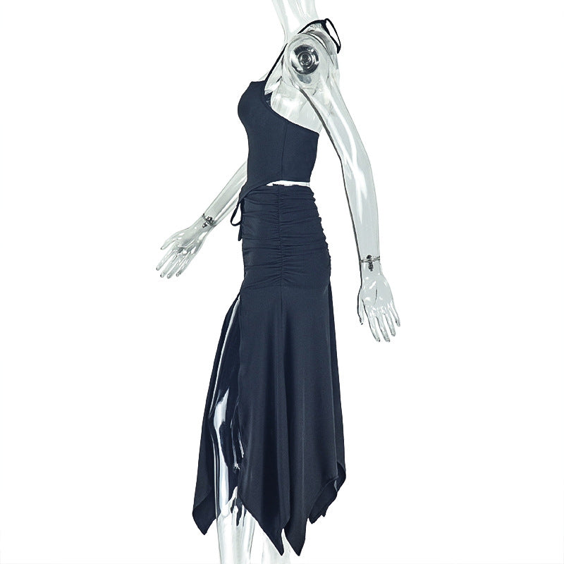 Pleated Swing Collar Solid Color Elegant Skirt Set Lace up Halterneck Special Split Two Piece Sets Women