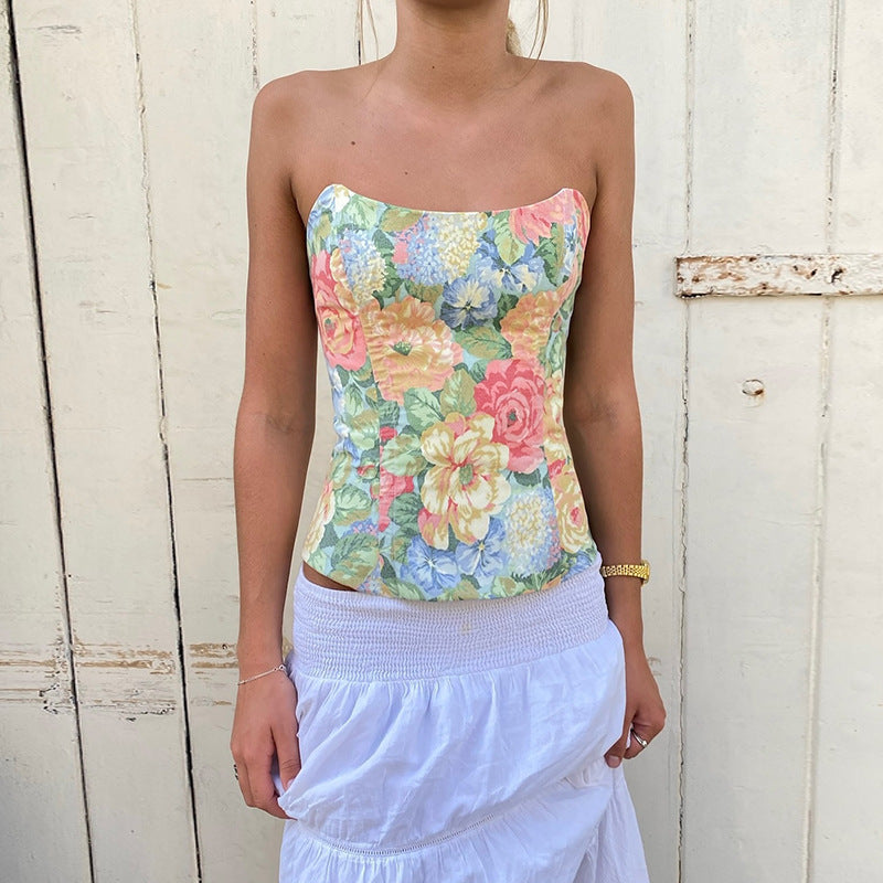 Vest Women Painting Floral Print Top Vacation Curved Neckline Tube Top