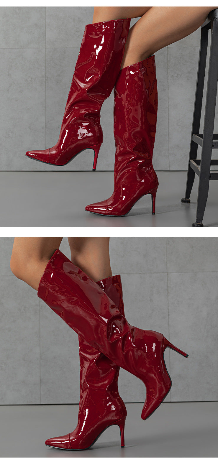 Patent Leather Pointed Glossy Slip on Mid Calf All Match Women Boots