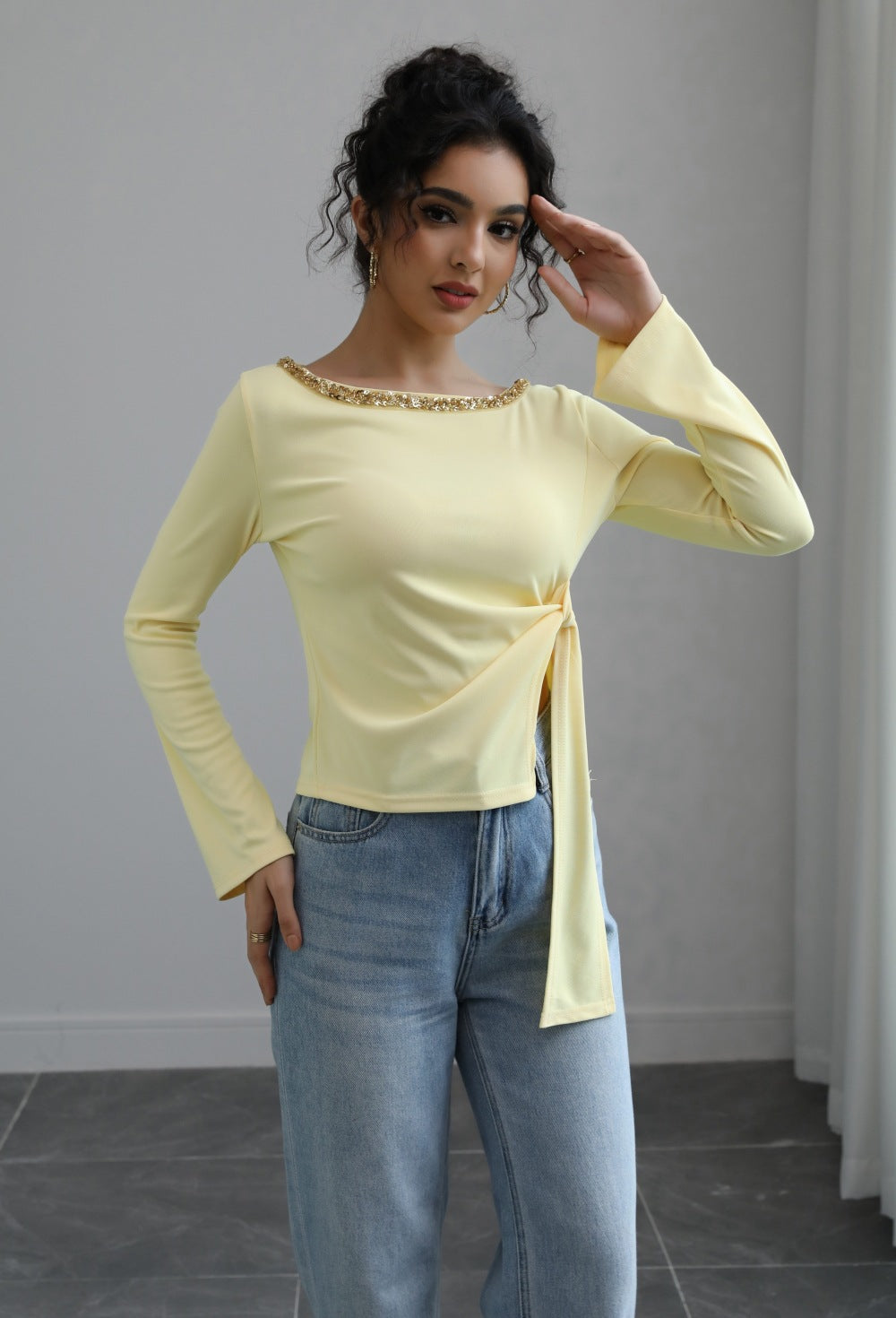 Women Clothing Autumn Sequ Slim Fit Slimming Lace up Irregular Asymmetric Top Casual T shirt
