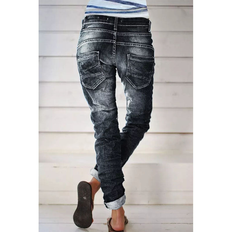 Ripped Denim Drawstring Elastic Waist Washed Women Casual Pants Tide