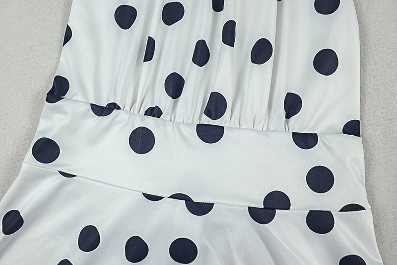 Women Wear Waist Pleated Polka Dot A line Dress Printed Halter Short Dress