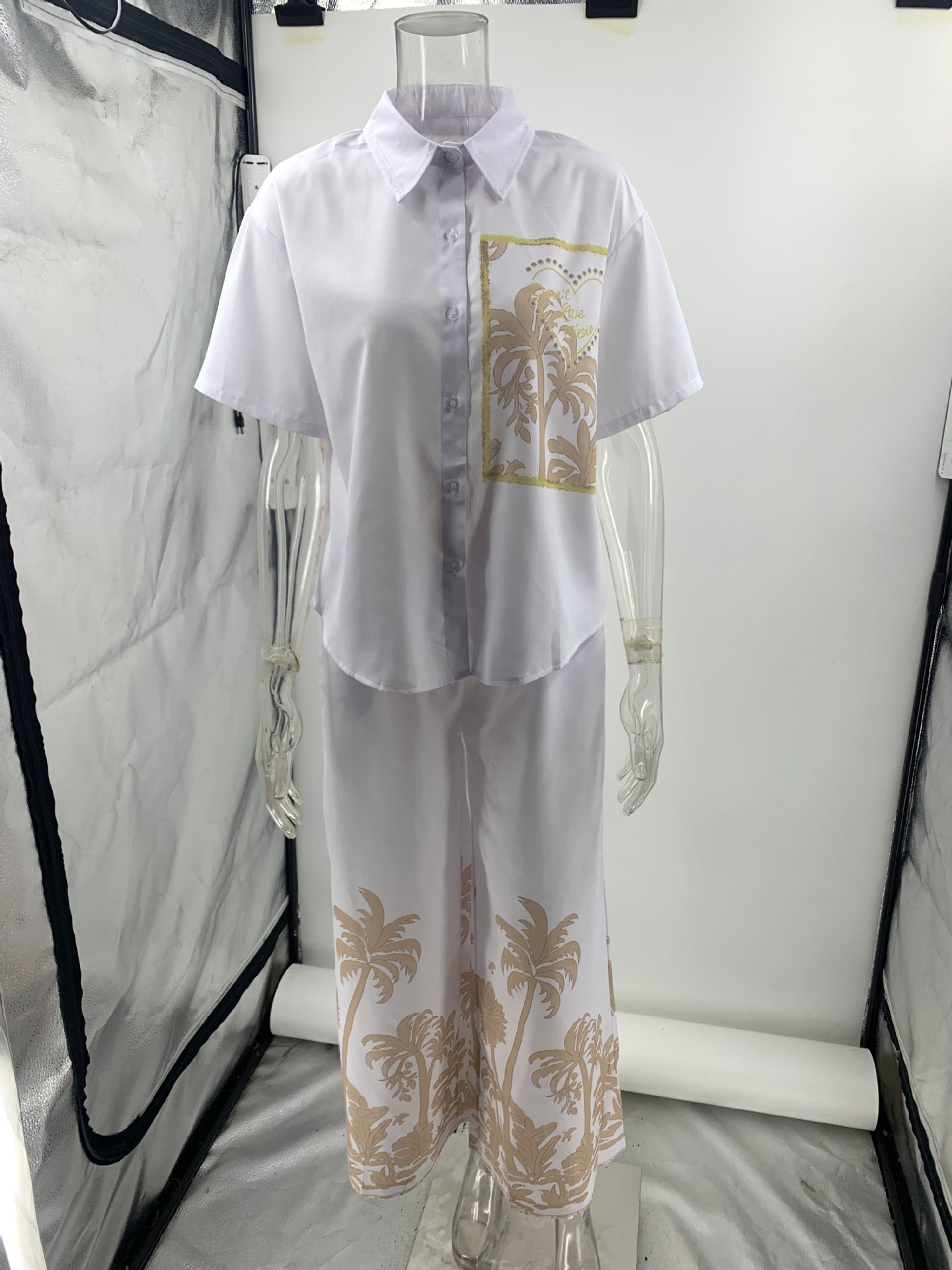 Summer Casual Cotton Linen Short Sleeve Collared Shirt Trousers Casual Two Piece Sets Women