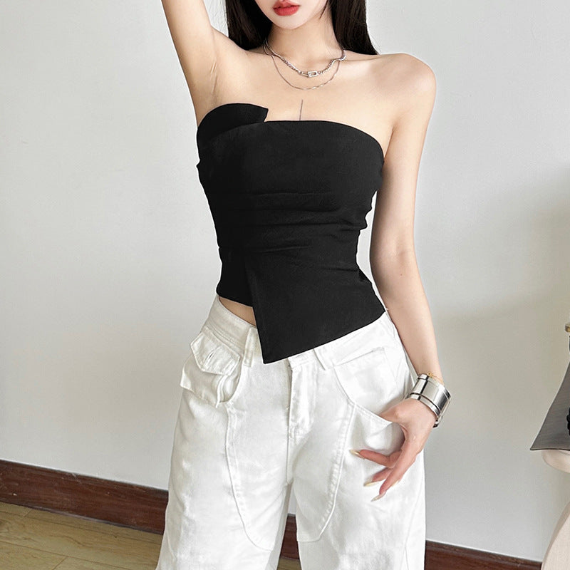 Summer Women Clothing Trend Backless Irregular Asymmetric Pleated Tube Top Short Vest for Women