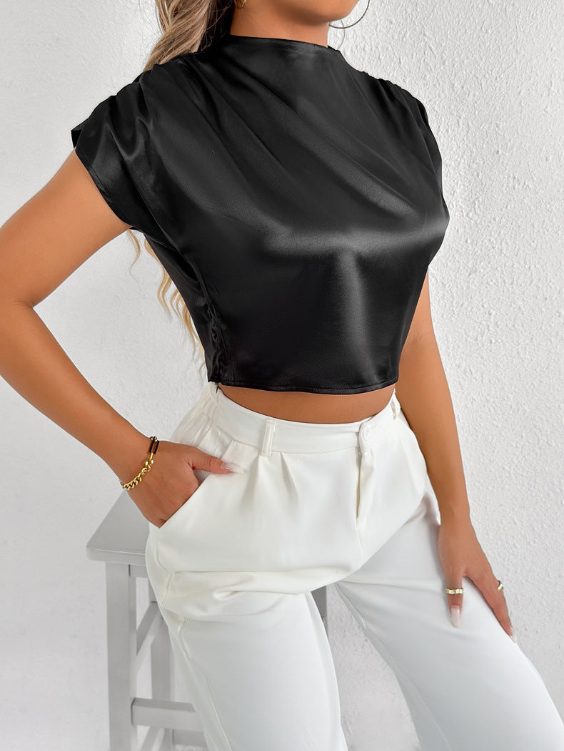 Real Shot Women Clothing High Sense Summer Satin Shirt Satin Shirt Short Sleeve Shirt
