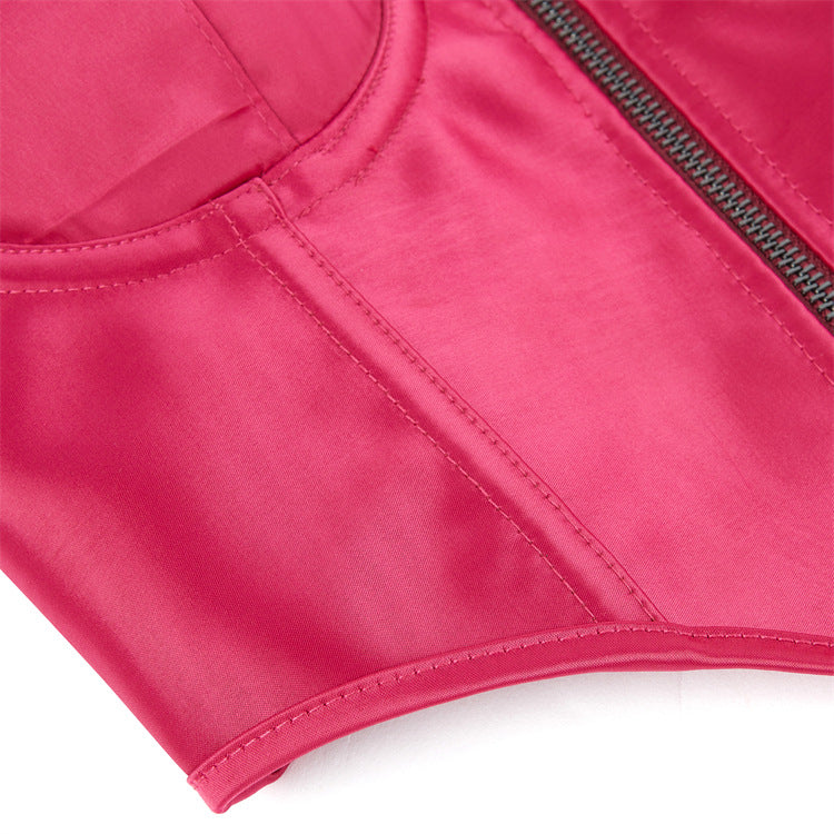 Rose Red Zipper Women Tube Top Chest Support with Steel Ring Push up Body Shaping Top Supply
