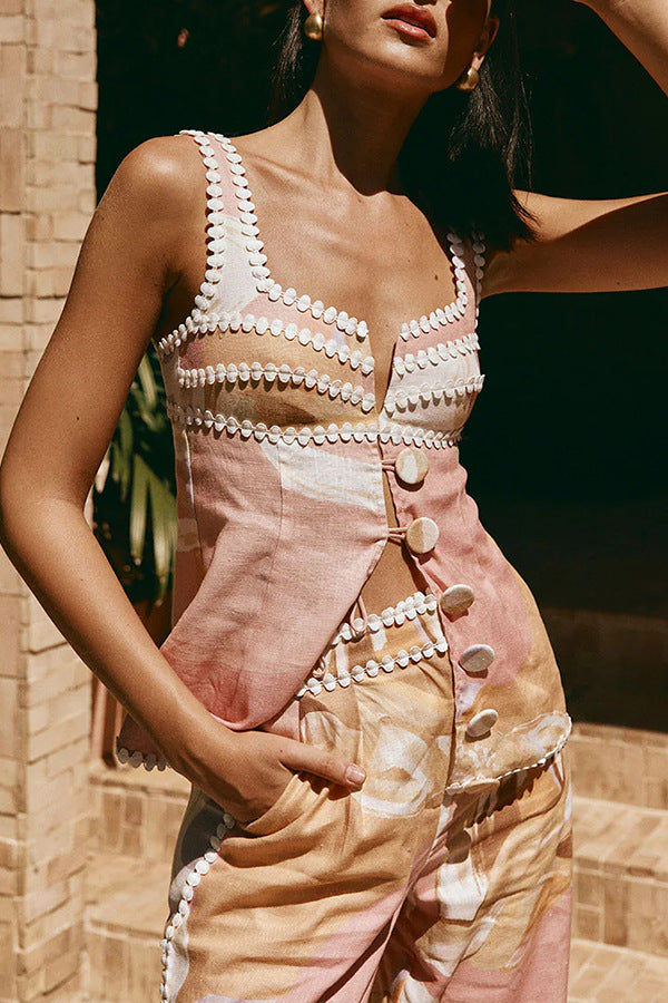 Spring Summer Sleeveless Vest Pants Printing Vacation Pocket Two Piece Set for Women