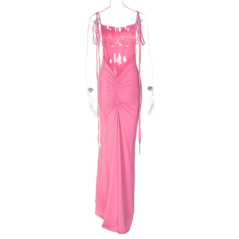 Solid Color Sexy Backless Pleated Long Elegant Slim Strap Dress for Women