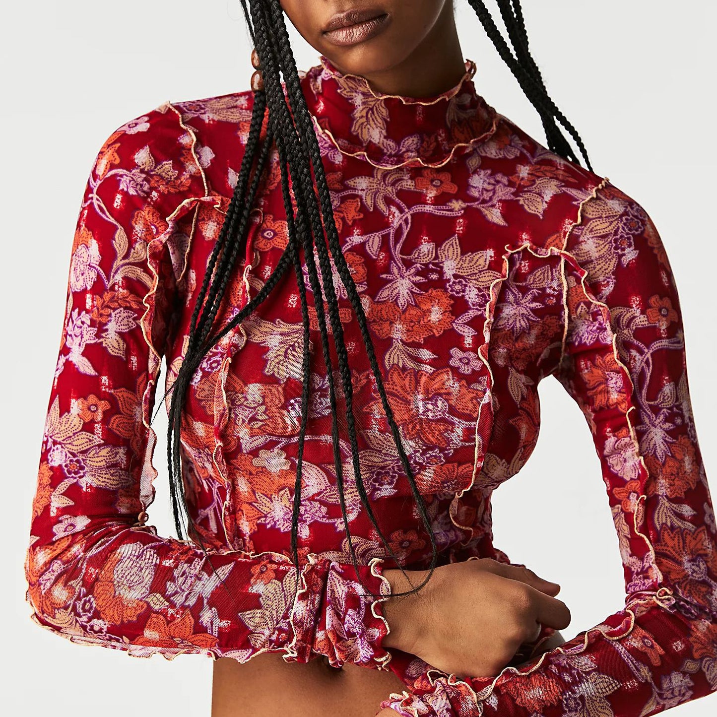 Long Sleeve Slim Fit Autumn Winter Plant Floral Floral Print Turtleneck Top Women Clothing