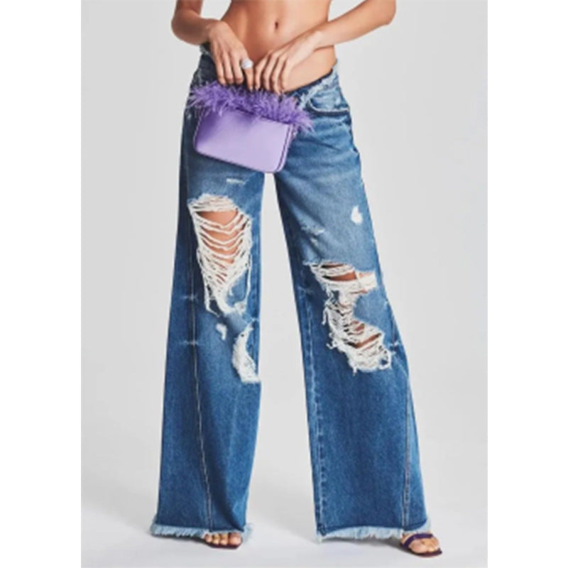 Ladies Jeans Ripped Irregular Asymmetric Side Turn Waist Wide Leg Trousers Women