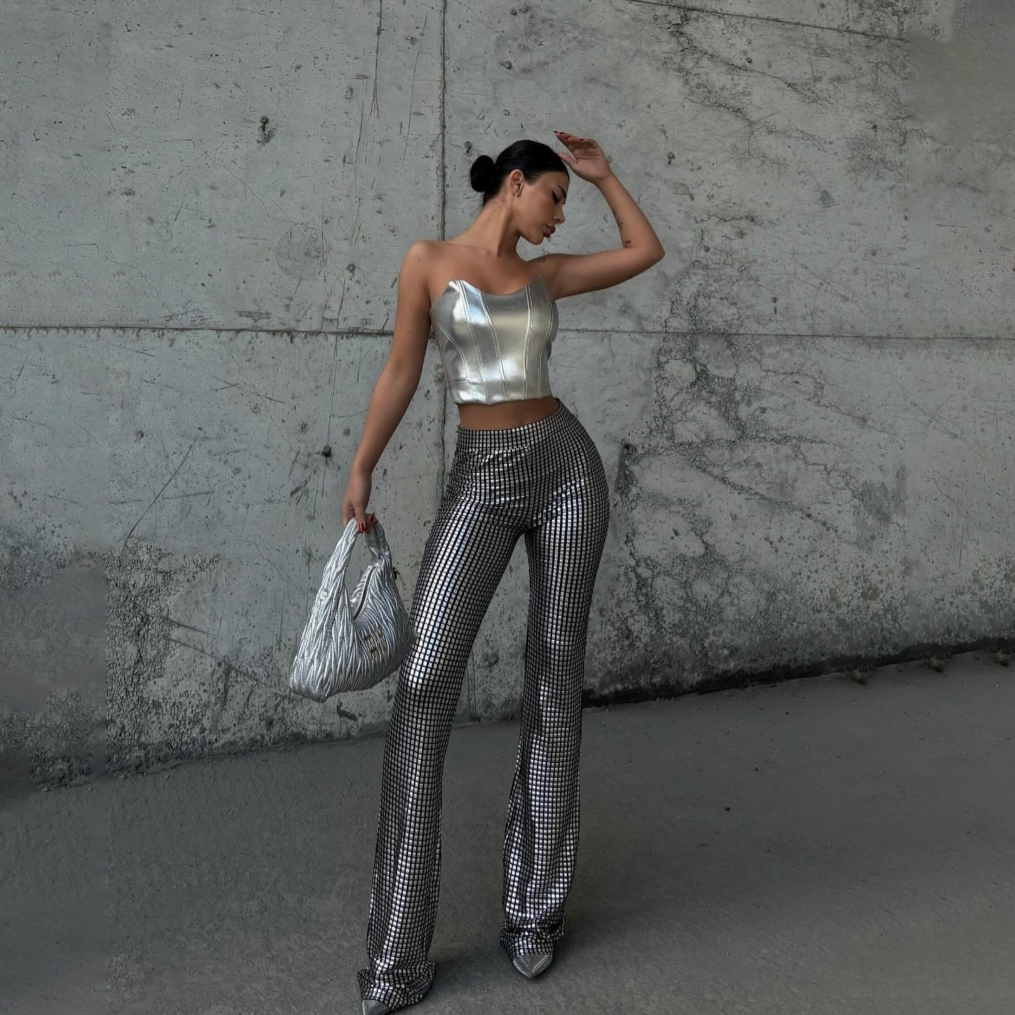Summer Women High Waist Stretch Silver Plaid Shiny Casual Slightly Flared