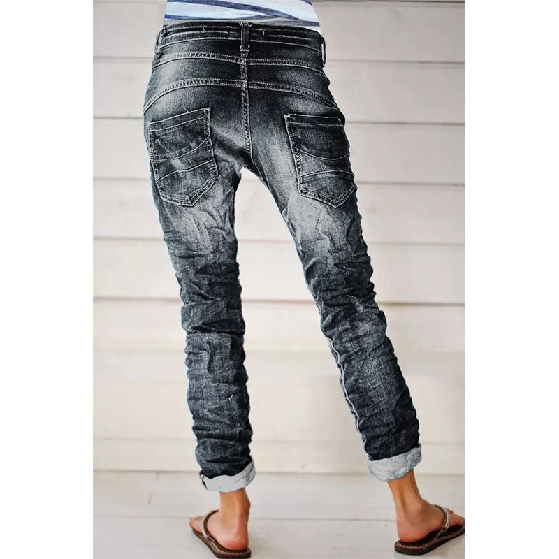 Ripped Denim Drawstring Elastic Waist Washed Women Casual Pants Tide